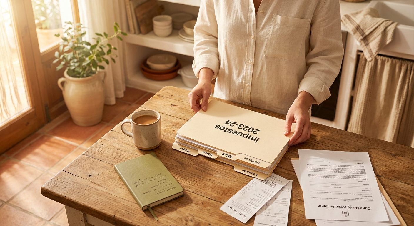 Manos de una mujer organizando una carpeta de documentos fiscales etiquetada Impuestos 2025-26 sobre una mesa de cocina de madera, con tonos cálidos mediterráneos
