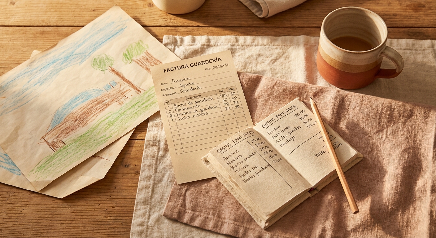Mesa con un dibujo infantil, una factura de guardería y un cuaderno con notas sobre gastos familiares